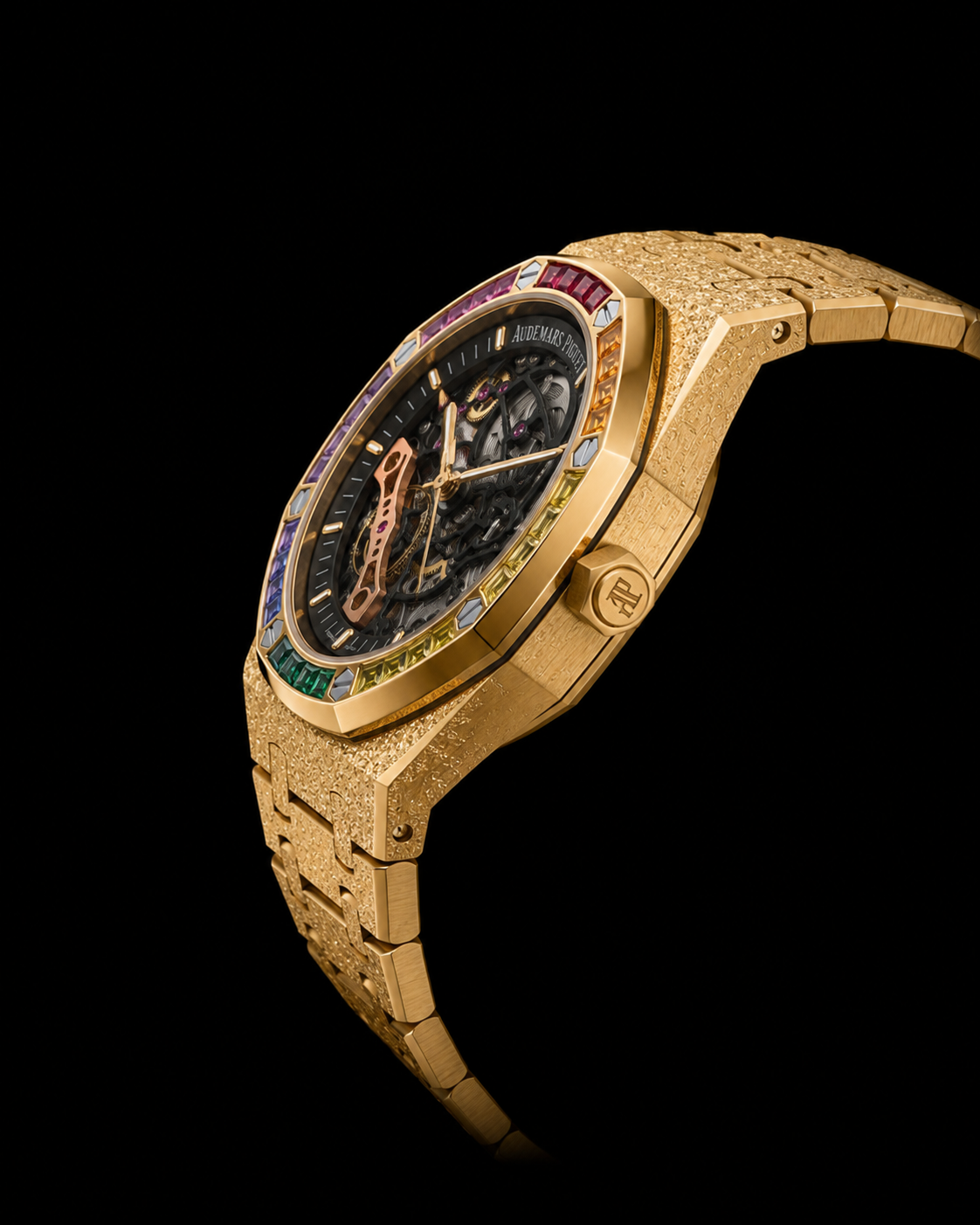Luxury Gold Skeleton Watch with Rainbow Diamond Bezel