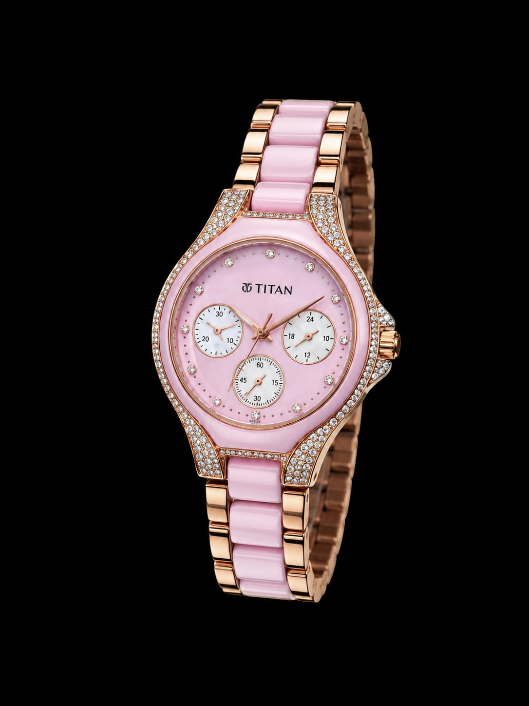 Titan Rose Gold & Pink Ceramic Women's Analog Multi-Function Watch with Crystal Bezel