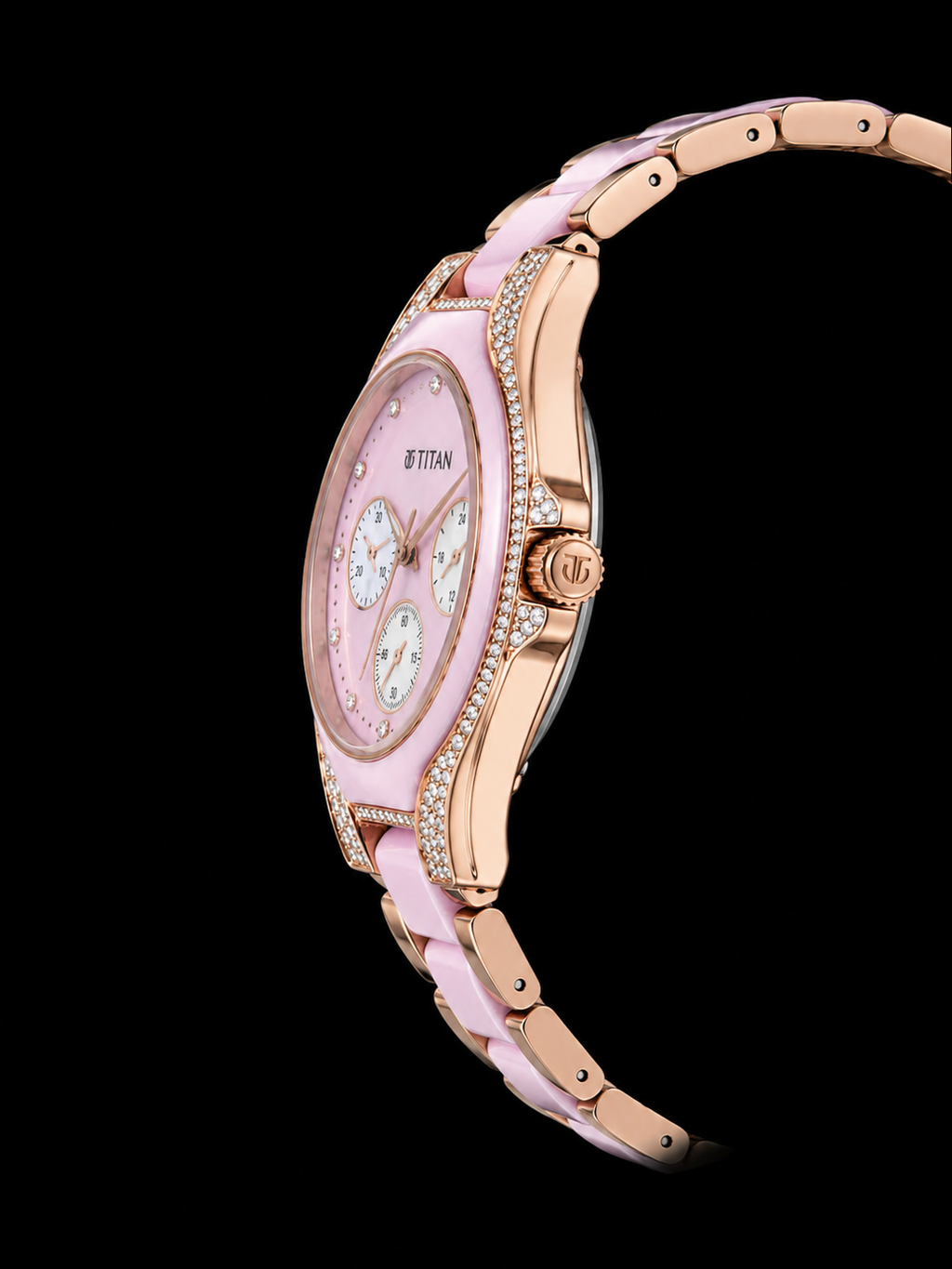 Titan Rose Gold & Pink Ceramic Women's Analog Multi-Function Watch with Crystal Bezel