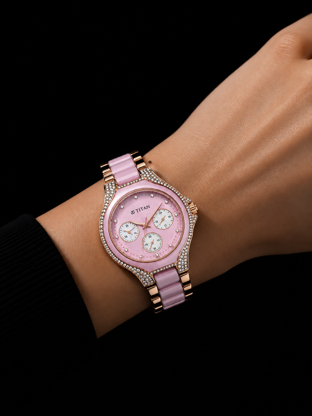 Titan Rose Gold & Pink Ceramic Women's Analog Multi-Function Watch with Crystal Bezel