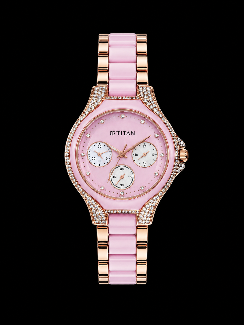 Titan Rose Gold & Pink Ceramic Women's Analog Multi-Function Watch with Crystal Bezel