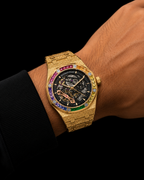 Luxury Gold Skeleton Watch with Rainbow Diamond Bezel