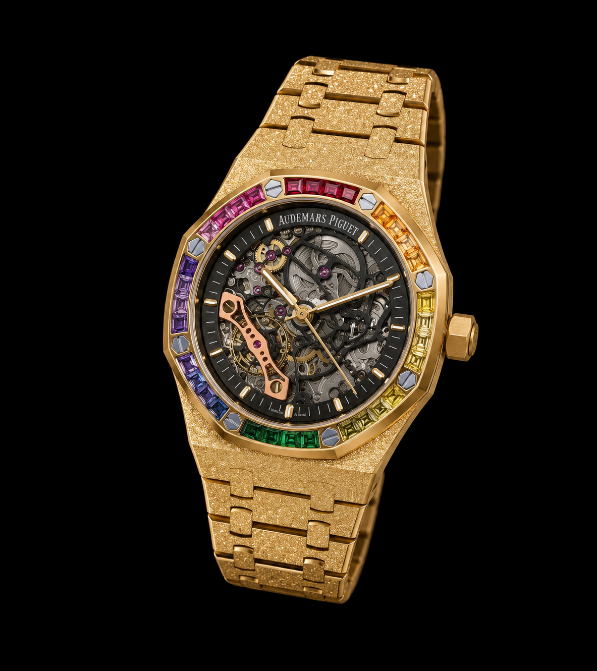 Luxury Gold Skeleton Watch with Rainbow Diamond Bezel